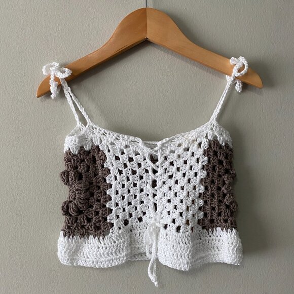 NWT Handmade Crochet White Brown Children's Granny Square Tie Straps Crop Top - Picture 2 of 5